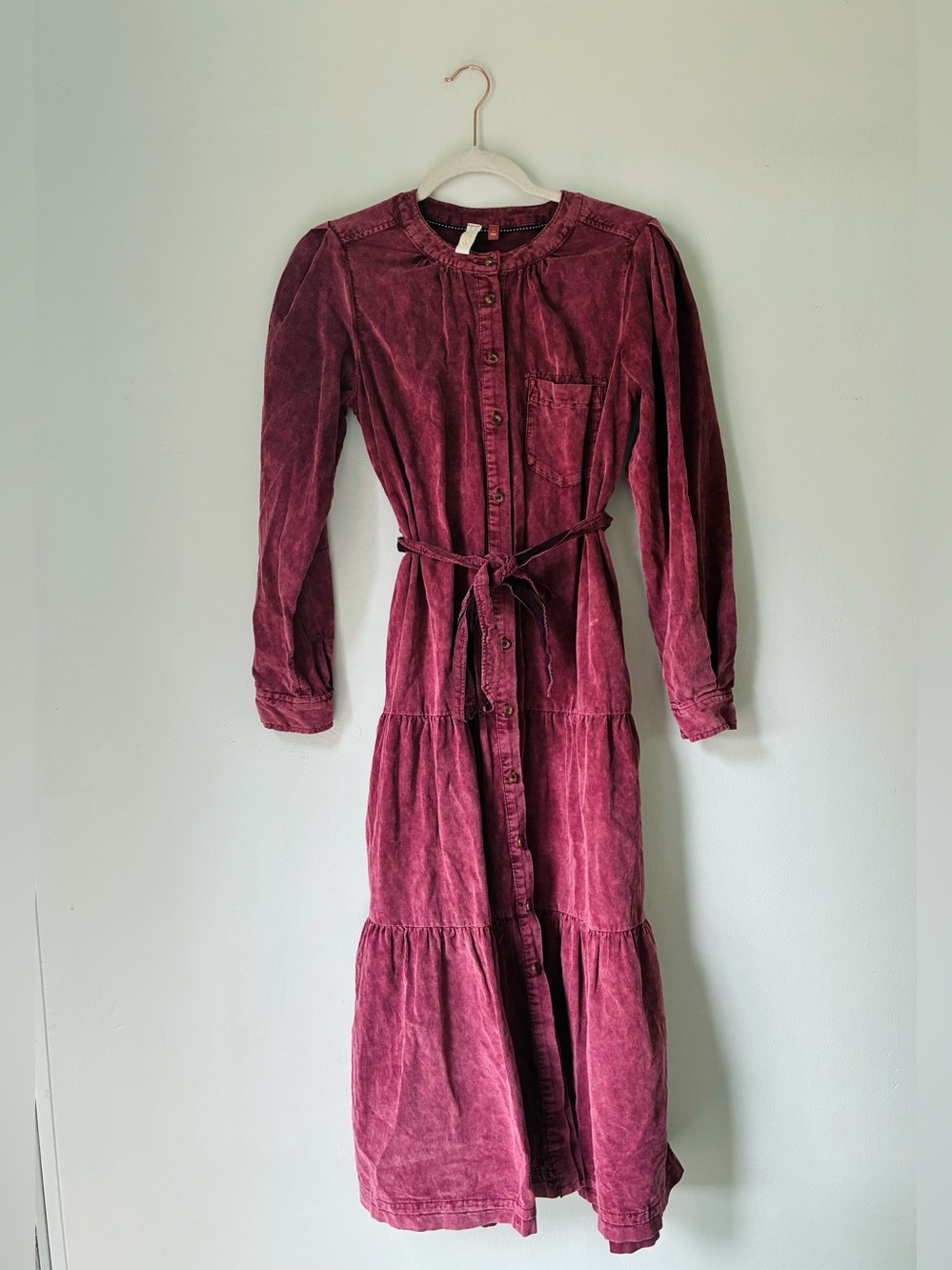 Anthropologie Pilcro Marta Tiered Corduroy Midi Dress Mauve Berry Pink Size XS - Picture 2 of 8